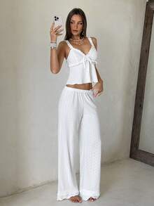 Aloruh Bohemian Jacquard Knit Casual & Romantic Homewear, Ruffle Trim Knit Casual Women Pajama Set - White - View 10