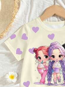 SHEIN Sparklyn 1套少女可愛Y2K愛心印花女孩圖案圓領短袖T恤與紫色花卉印花短褲套裝，春夏季穿搭，居家與校園清新夏季穿著 - 彩色 - 查看 7
