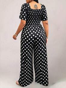 EMERY ROSE Plus Size Women's Polka Dot Print Shirred Pocket Loose Wide Leg Jumpsuit - Black - View 2