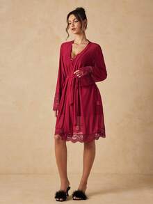 HautHeat Women's Bow Decor Camisole Nightgown And Cardigan Casual Daily Home Pajama Set - Burgundy - View 5