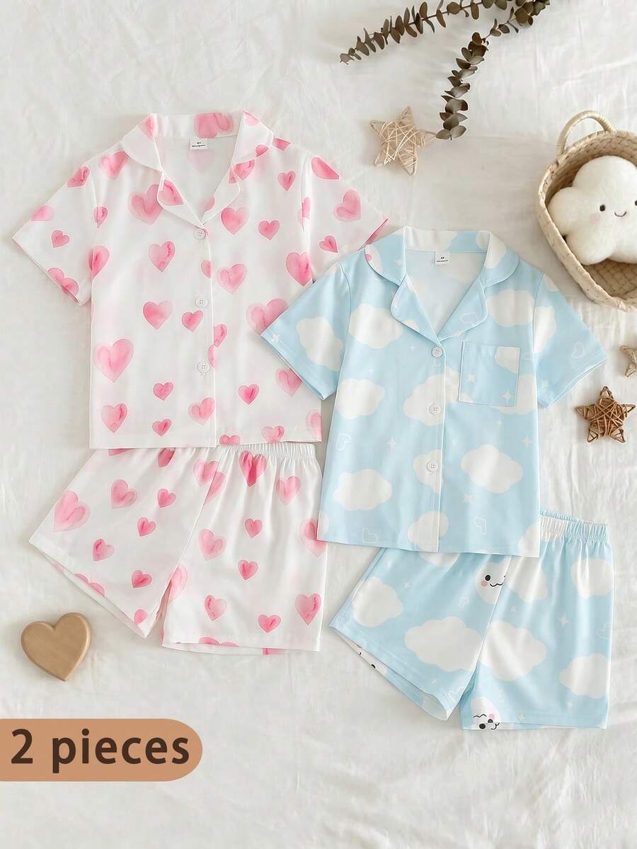 SHEIN 少女甜美可愛優雅休閒日常舒適柔軟清新俏皮簡約時尚經典親膚編織仿絲綢雪紡面料白色底淺粉色心形漸層水彩效果夢幻卡通印花鈕扣領短袖上衣搭配短褲睡衣套裝家居服2件組 - 淺粉色 - 查看 1