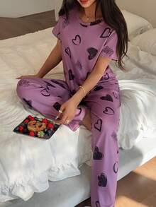 Napfluff 女士心形印花圆领短袖 T 恤和抽绳裤休闲睡衣睡衣套装 - 彩色 - 查看 3