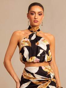 Silquee Damen-Blumenmuster-Top mit Metallschließe, Plissee, Crop-Schnitt, Neckholder und Bindung - Kaffeebraun - Übersicht 5