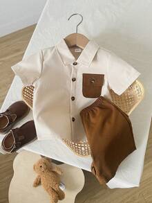 Playful Pals Baby Boys Brown Colorblock Polyester Co-Ords Everyday Casual Short Sleeve Collared Shirt With Pocket And Regular Length Shorts Squishy Summer Outfits - Brown - View 4