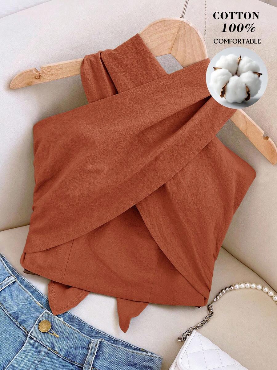 Travachic Women's Solid Color Criss-Cross Halter Top,Summer Top - Burnt Orange - View 1