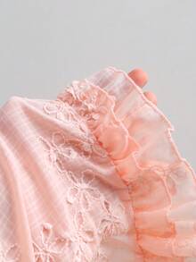 Sweetra Women's Summer Hollow Out Jacquard Solid Color Waist-Cinching Ruffle Tie Short Sleeve Blouse - Pink - View 6