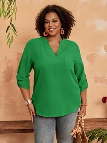 EMERY ROSE Women's Plus Size Solid Color Notch V-Neck Rolled Sleeve Shirt Fall - Green - View 7
