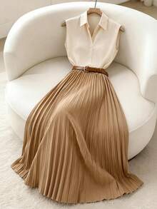 Elenzga Plus Size Women Solid Color Top And Pleated Skirt Casual Daily Outfit Set - Brown - View 3