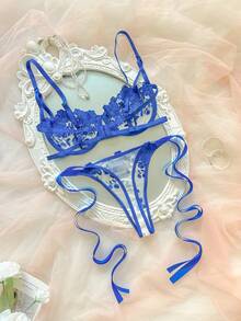 SHEIN Set Lingerie Wanita Warna Biru Langit dengan Bordir dan Tali Pengikat, 2 Potong - Biru - View 2