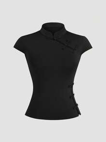 Sweetra Plus Size Women's Solid Color Stand Collar Slim Fit Versatile Daily Casual T-Shirt - Black - View 3