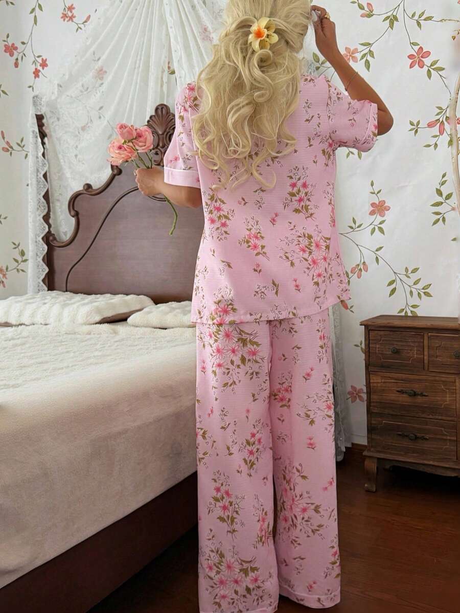 CottageSlumber Floral Print Lapel Short Sleeve Long Pants Pajama Set - Baby Pink - View 1