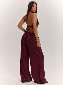 SHEIN BAE 女款蕾絲拼接掛脖上衣與長褲休閒日常套裝 - 紫紅色 - 查看 2