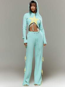 MUSERA Knitted Cropped Hooded Top Long Sleeve Graphic Printed Spring Summer Holiday Vacation Ibiza Festival Psyche - Baby Blue - View 5