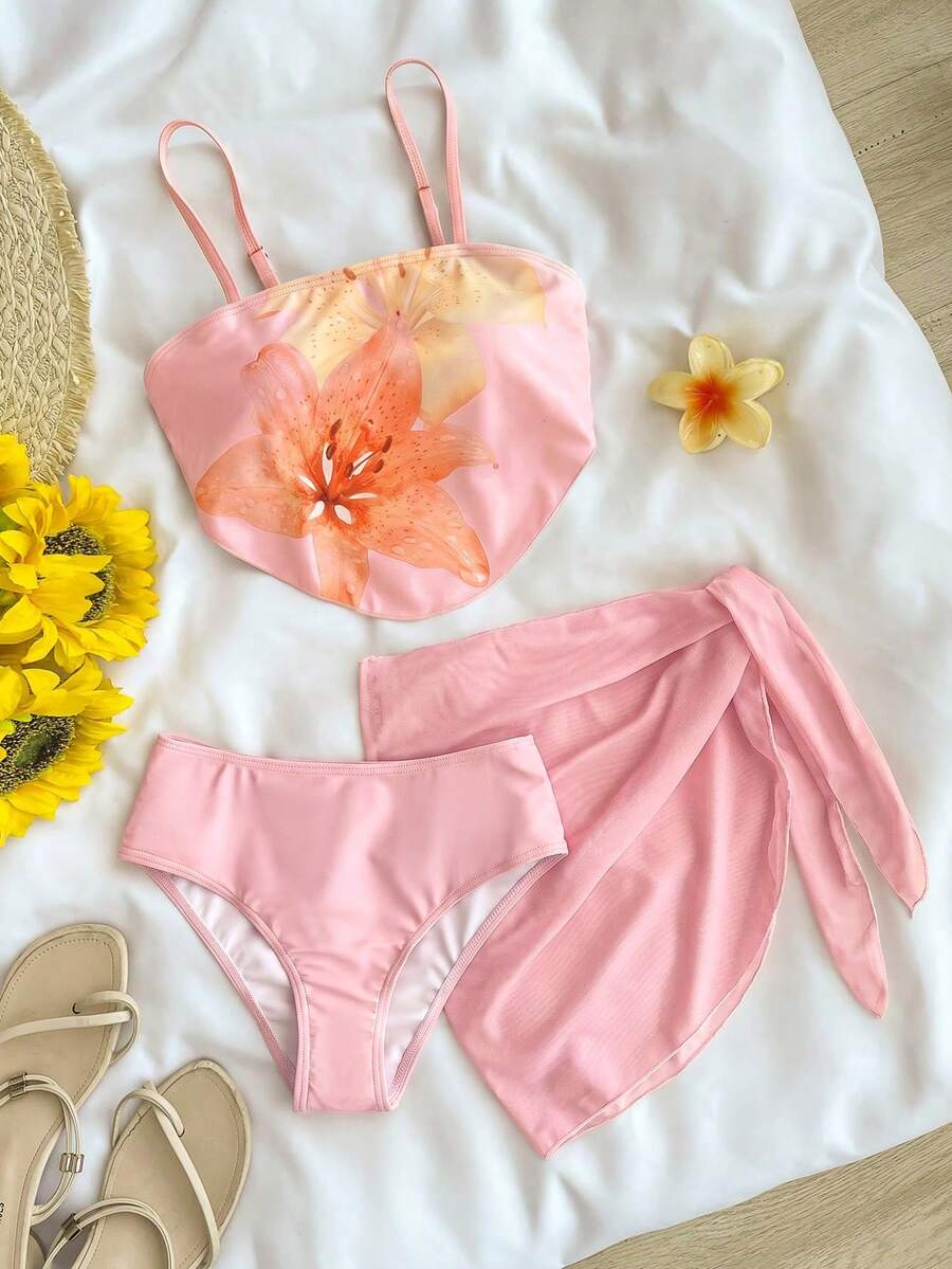 Tween Girl Floral Print Bikini 3 Pieces Sets, Suitable For Beach, Hawaii, Vacation Oranges Light Pink Summer Cute - Pink - View 1