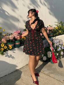 GalTyme Plus Size Women's Cherry Print Casual Party Dress - Multicolor - View 1