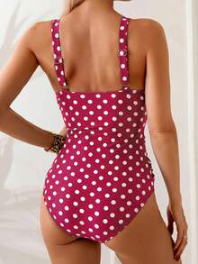 Swim Basics 女款波點抓皺一件式泳衣，適合海邊度假、泳池派對、海灘派對 - 紅色 - 查看 2
