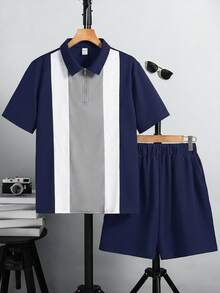 SHEIN 2pcs/Set Teen Boy Casual Collegiate Color Block Polo Shirt & Shorts Set, Suitable For Commuting, - Navy Blue - View 2
