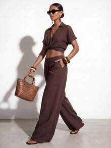 Zivah Women's Vacation Casual Solid Color Twist Front Cropped Top And Long Pants 2pcs Set Beach Coffee Brown Summer - Rust Brown - View 10