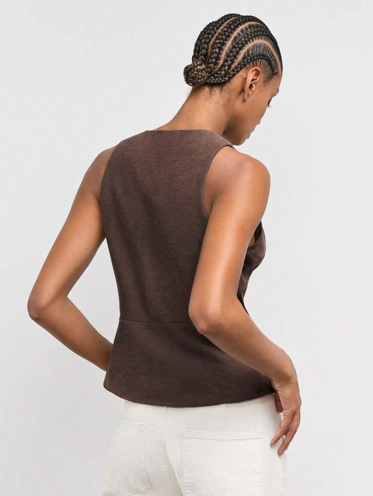 SHEIN Maija Brown V-Neck Sleeveless Women's Top Summer Waist-Defining Urban Casual