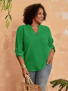 EMERY ROSE Women's Plus Size Solid Color Notch V-Neck Rolled Sleeve Shirt Fall - Green - View 5