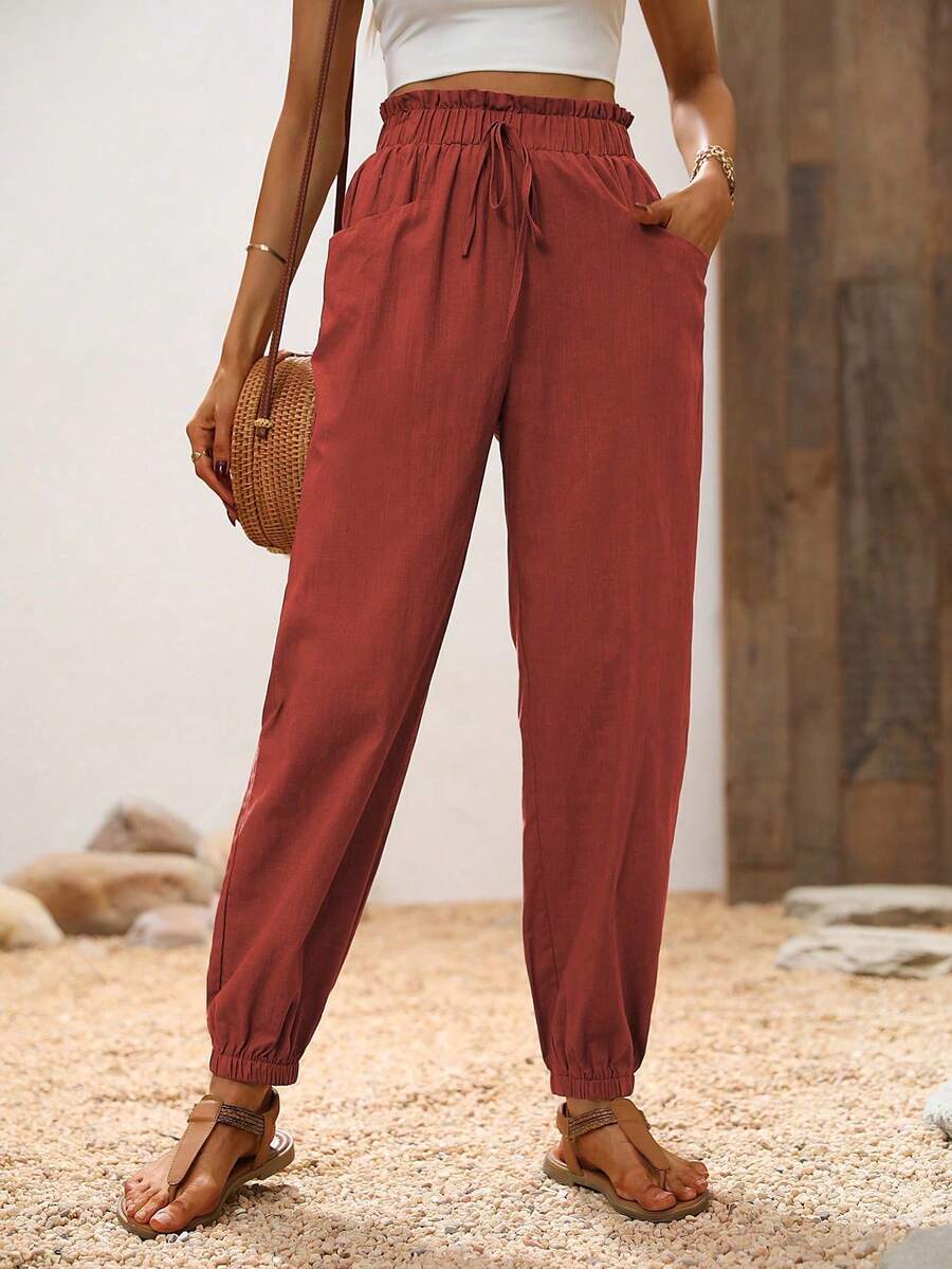 Breezaya Vacation Casual Solid Color Cuffed Long Pants - Red - View 1