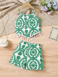 Tween Girl Tank Top And Camisole Set Featuring A Cute, Retro Green-And-White Print, An Asymmetrical Hem, And Tassel Lace Trim,Holiday Vibe. - Green - View 2