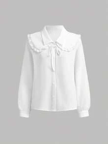 SHEIN 青少年女孩青少年女孩上衣 春夏秋季新款 蝴蝶結彼得潘領 彼得潘領 蕾絲飾邊燈籠袖 學院風休閒百搭白色襯衫，優雅學院風休閒白色襯衫，百搭襯衫 - 白色 - 查看 6