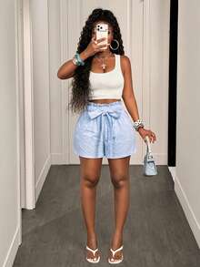BamGleam Women's Solid Color Drawstring Pocket Ruffle Hem Shorts Beach Baby Blue Summer Casual - Blue - View 6