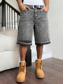 Manfinity Hypemode Men's Street Style Casual Whiskered Wide Leg Dark Grey Denim Shorts, Holiday - Dark Grey - View 7