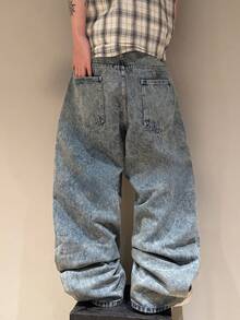 STEELVANCE Men's Streetwear Vintage Fashion Versatile Distressed Washed Rivet Design Loose Straight Leg Wide Leg Casual Denim Jeans (Belt And Accessories Not Included) - Blue - View 2