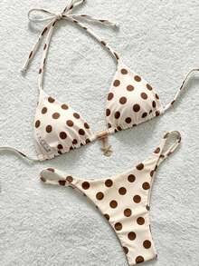 Soleia Women's Retro Sexy Polka Dot Contrast Color Print Halter Bikini Set Beach Party White With Black Polka Dots Summer - Multicolor - View 6
