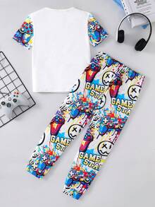 SHEIN [Random 3 Sets Send 1 Set]Tween Boy Snug Fit Fluorescent Game Controller Pattern Short Sleeve Long Pants Knit Comfortable Tight Home Sleepwear - White - View 2