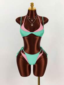 Amplova Women's 2 Pieces Faux Swimsuit Set, Fuchsia And Yellow Color Block, Sexy Avant-Garde Design, Perfect For Beach Vacation Outfits - Green - View 8