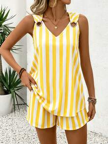EMERY ROSE V-Neck Sleeveless Casual Minimalist Striped Women's 2 Pieces Set - Multicolor - View 3