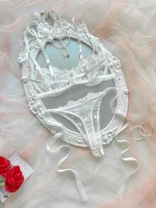 SHEIN Set Lingerie Wanita Warna Biru Langit dengan Bordir dan Tali Pengikat, 2 Potong - Putih - View 2