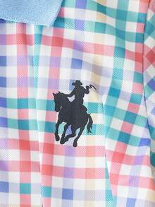 SHEIN 女童新款彩色格紋時尚馬術圖案 Polo 領半開襟洋裝，適合學院風、可愛甜美、時尚休閒度假風 - 藍色 - 查看 13