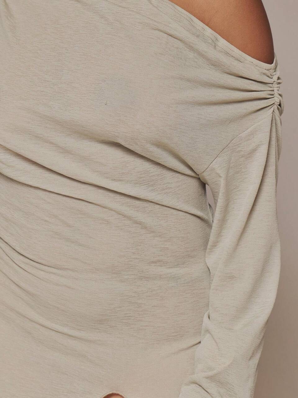 Curve Beige Jersey Asymmetric Split Leg Fitted Long Sleeve Maxi Dress