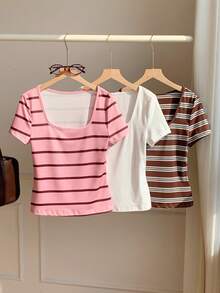 paquete de 3 camisetas básicas para mujer de manga corta con cuello cuadrado en negro, blanco y rosa - Multicolor 6 - Ver 6