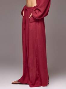 MUSERA 超宽腿低腰抽绳阔腿裤，春夏度假伊比沙岛 Roja De Sol 款式 - 酒紅色 - 查看 3