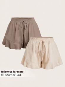 Elaquor Plus Size Women's Solid Color Drawstring Waist Casual Versatile Everyday Shorts - Multicolor - View 1