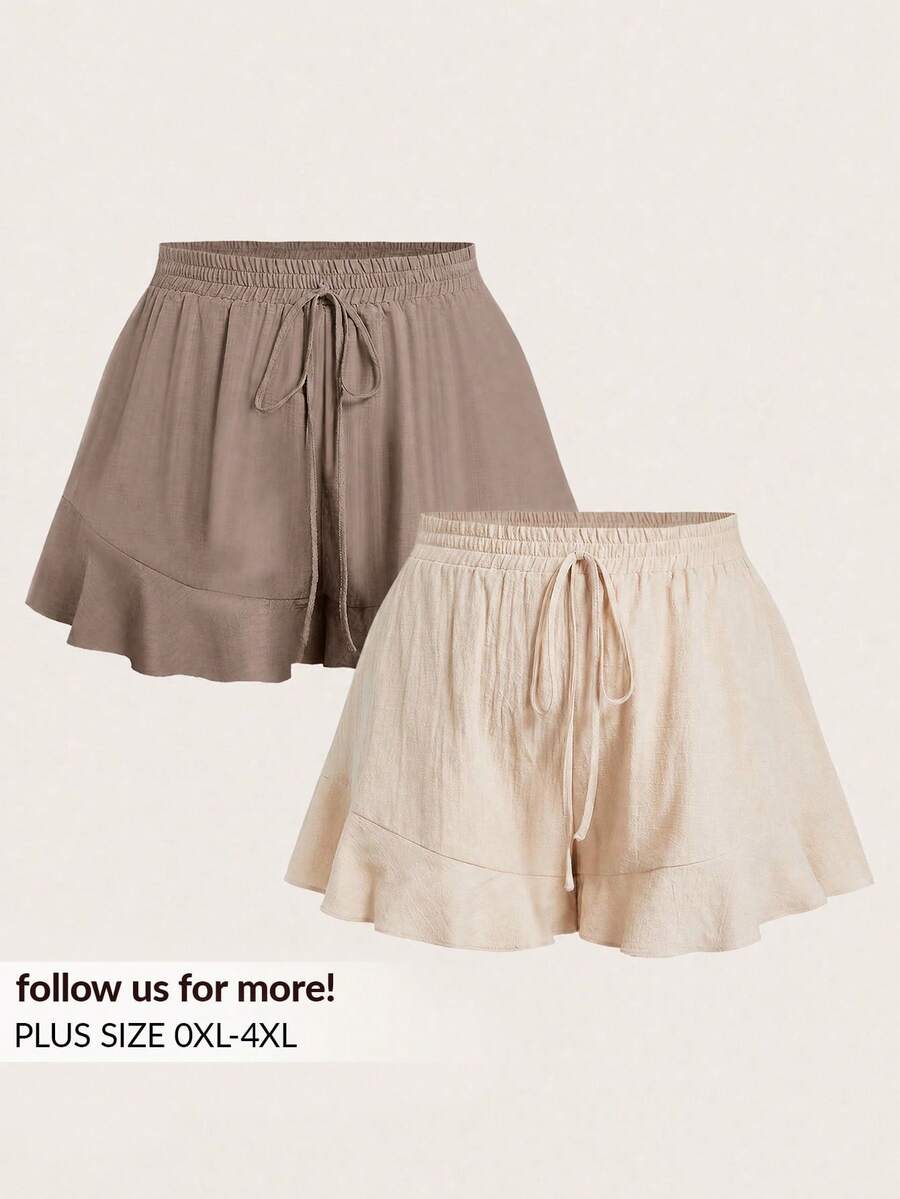 Elaquor Plus Size Women's Solid Color Drawstring Waist Casual Versatile Everyday Shorts - Multicolor - View 1