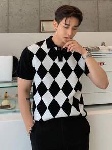 DAZY Nam Họa tiết Argyle Cổ Polo Knit ngọn - Đen và trắng - Xem 5