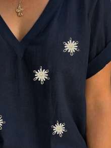 EMERY ROSE Women's Cotton Embroidered Drop Shoulder Short Sleeve White Blouse - Navy Blue - View 3