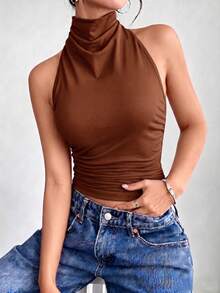 Rina Fox Summer Sexy Solid Color Backless Halter Top - Brown - View 5