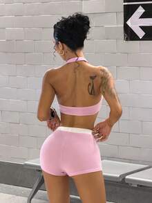 StreetHx Women's Spring/Summer Hot Girl Streetwear Set, Halter Top With Design Sense And Colorblock Shorts - Pink - View 2