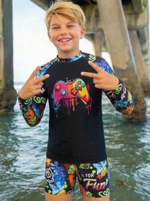SHEIN Tween Boys Casual Slim Fit Video Game Glow-In-The-Dark Pattern Swimwear Swim Trunks 2pcs, Suitable For Spring/Summer Wear, Perfect For Beach Vacation - Black - View 4