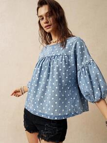 Bohemela Women's French Fashion Polka Dot Print Denim Shirt - Blue - View 5
