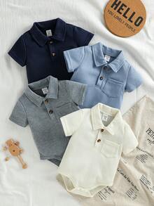 SHEIN Playful Pals 4件裝男嬰幼兒 Polo 風格羅紋針織短袖輕量柔軟透氣連身衣 一件式套裝 適合日常夏季與春季穿著 - 彩色 - 查看 6