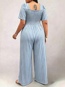 EMERY ROSE Plus Size Women's Striped Square Neck Short Sleeve Pocket Wide Leg Jumpsuit - Blue and White - View 2