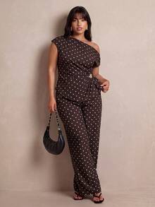 Elaquor Plus Size Women's Polka Dot Asymmetrical Shoulder Ruched Top And Long Pants Casual Daily Two Pieces Set - Coffee Brown - View 5